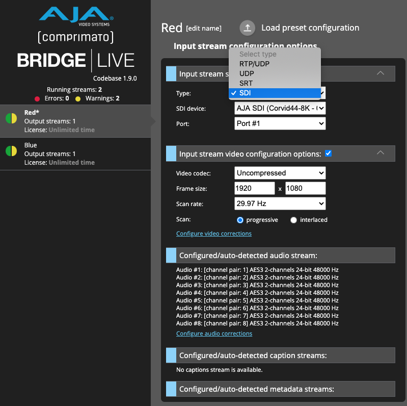 AJA BRIDGE LIVE 傳輸/編碼/發布 設定界面